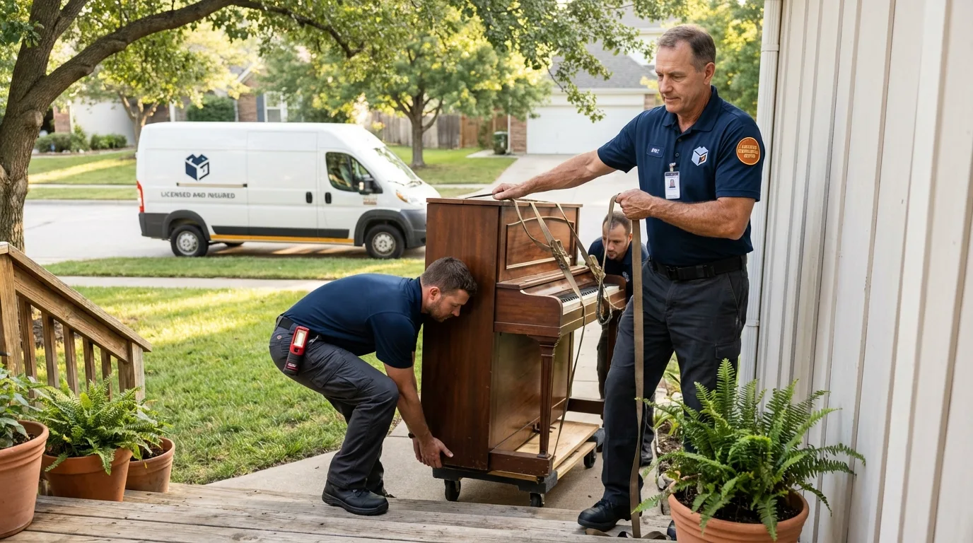 Licensed piano movers securing grand piano in Tupelo, MS
