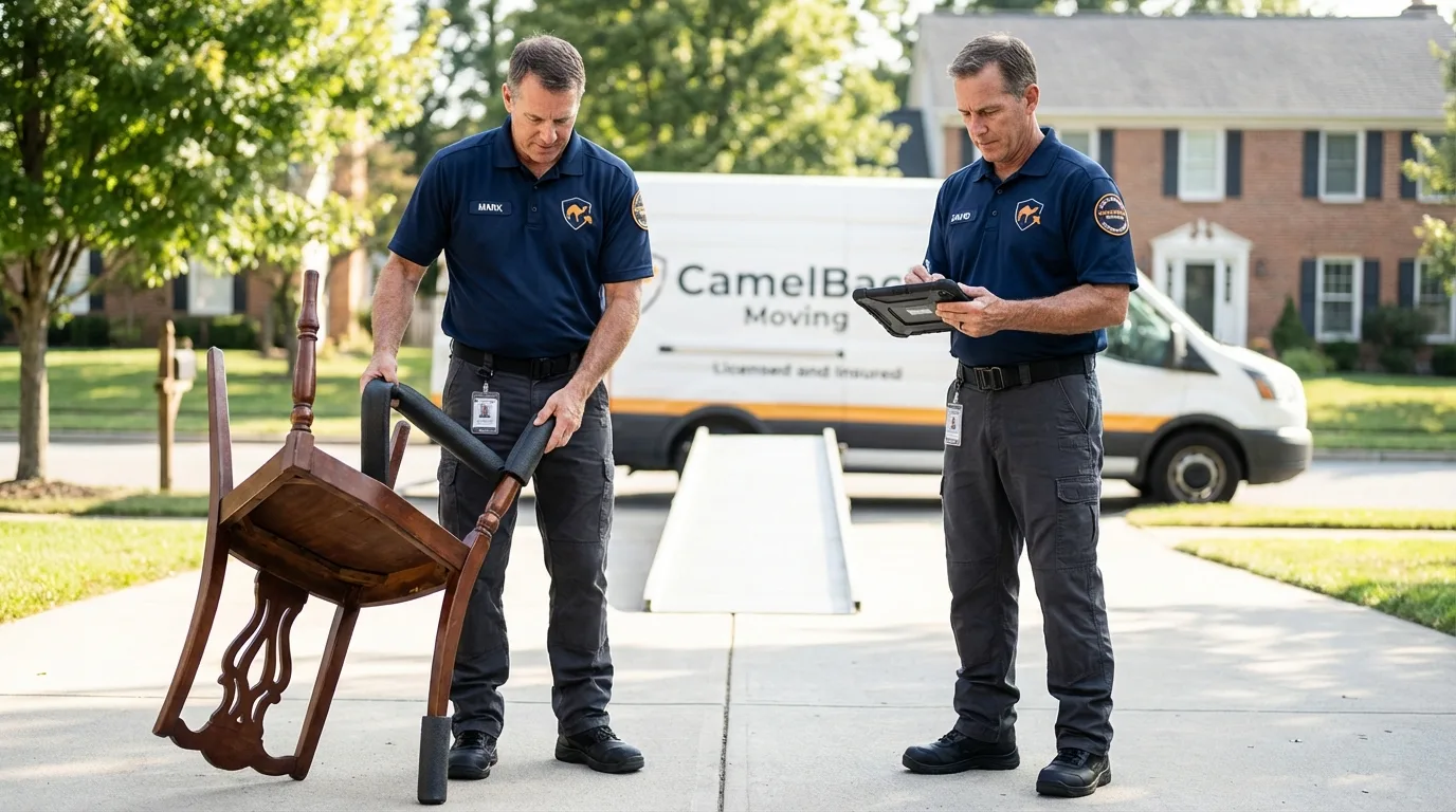 Movers inspecting furniture for damage prevention before loading in Tupelo, MS