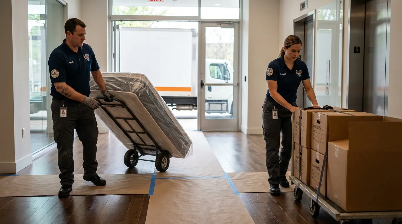 Professional apartment movers loading elevator in Tupelo, MS