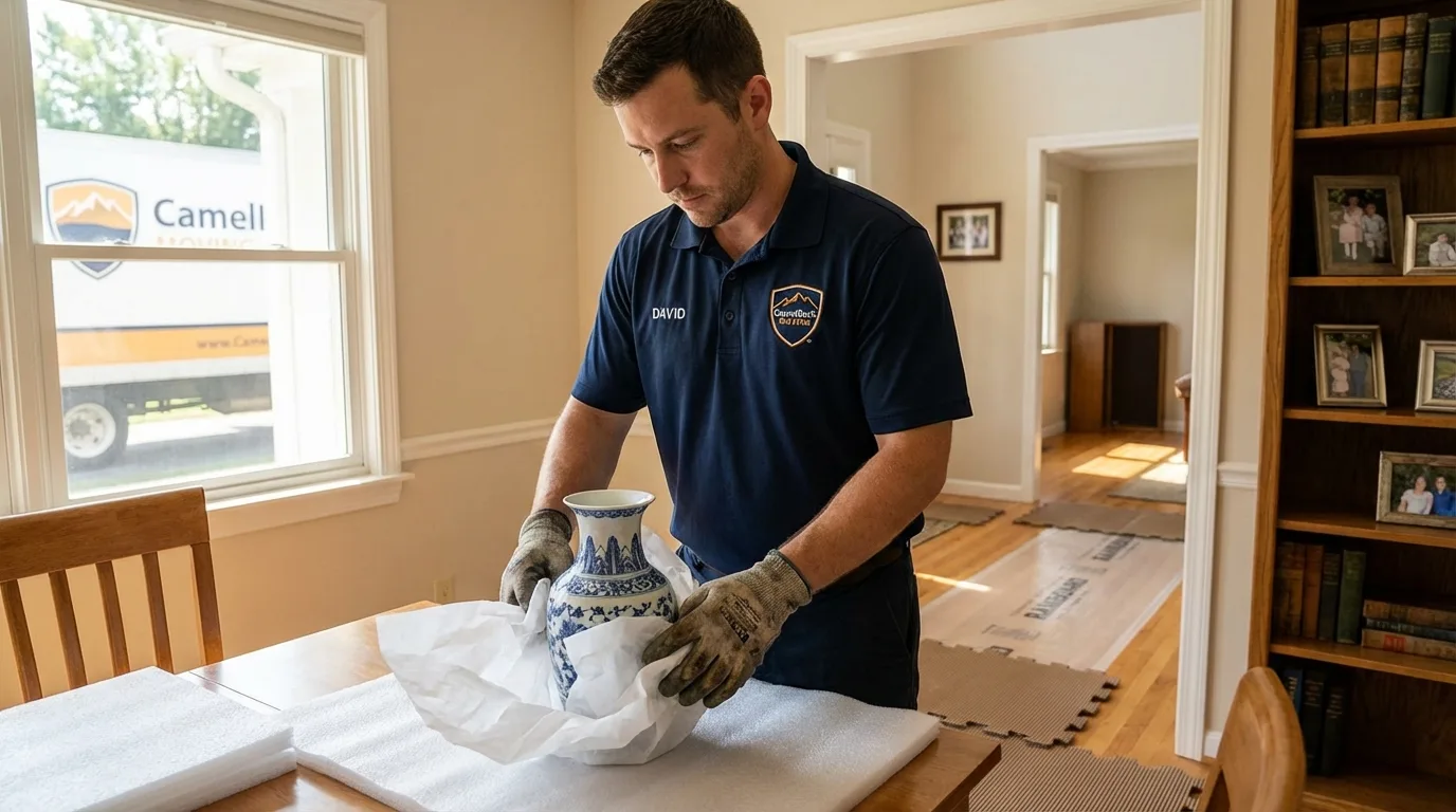 Professional crew carefully wrapping antique vase for senior downsizing move in Tupelo, MS